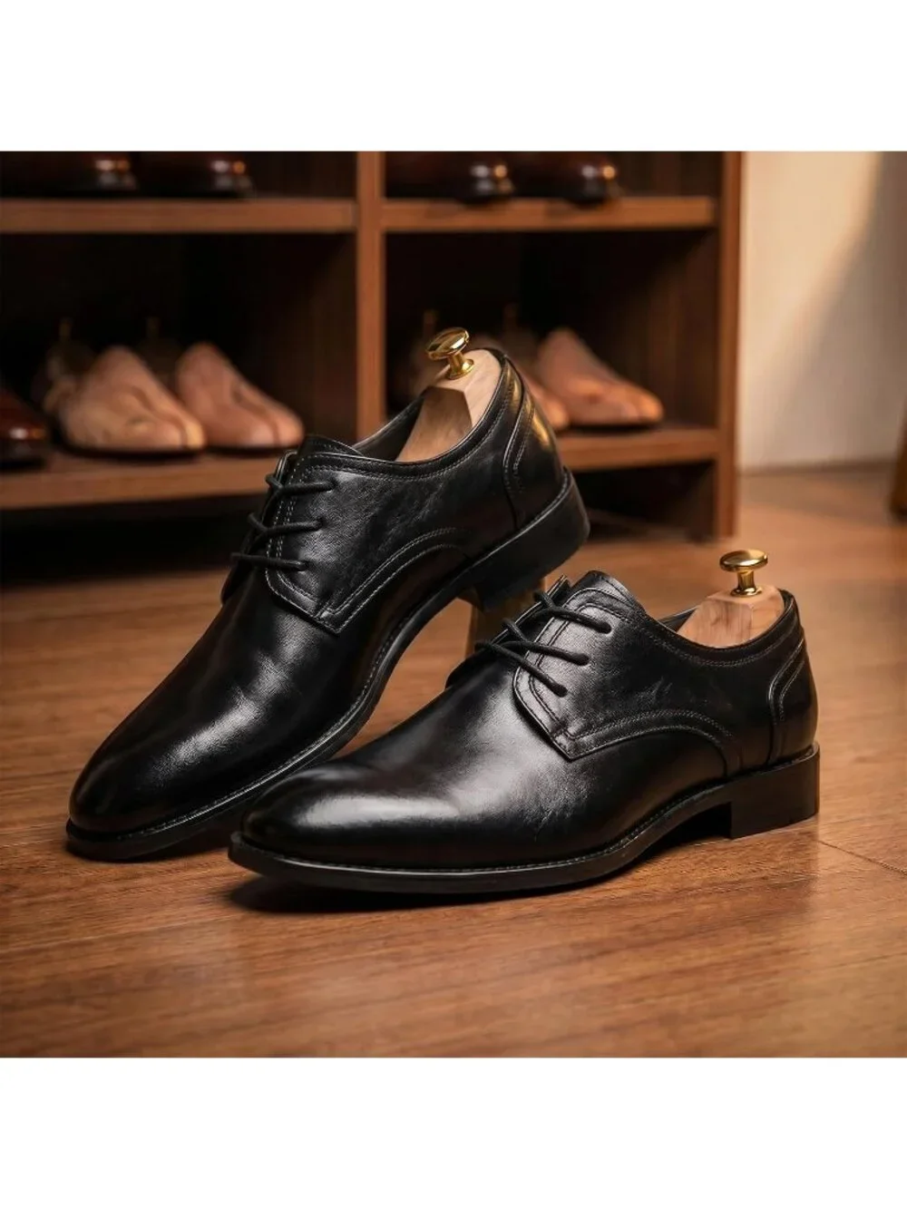 Men's Dark Polished Leather Rounded Toe Formal Business Derby Oxfords Shoes